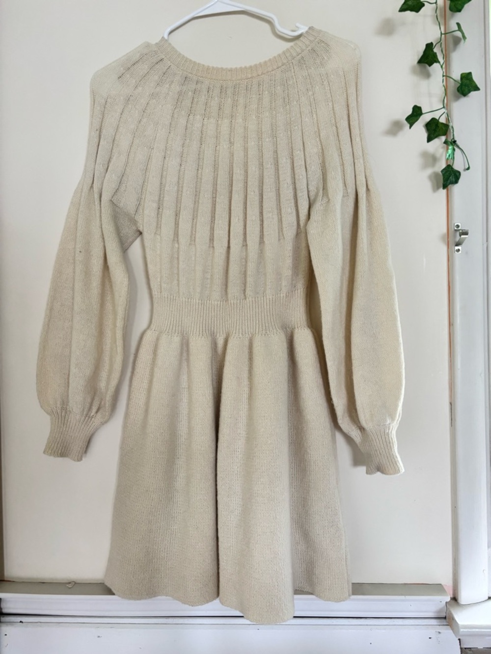 SHEIN Cream Long Sleeve Knit Fit-and-Flare Dress